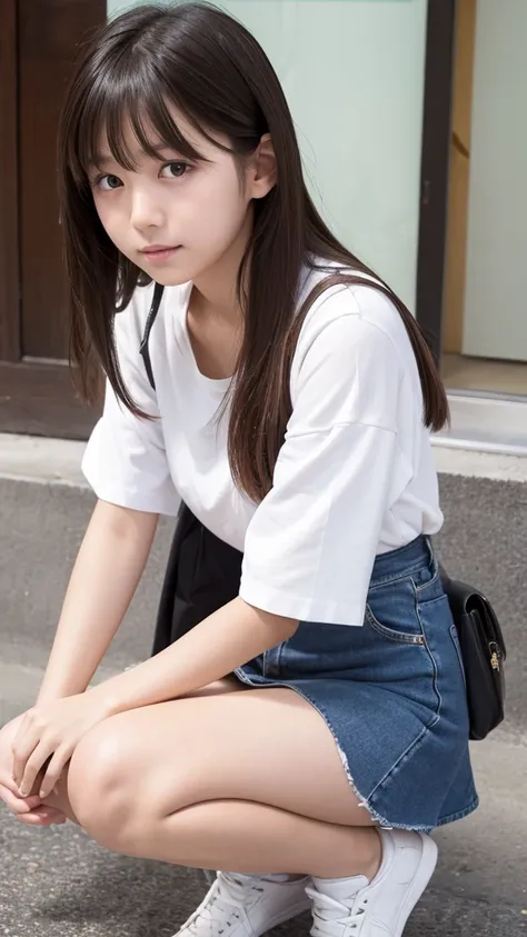 Japanese 18 year old high school girl、White shirt、Russet Check Mini Skirt、Crouching