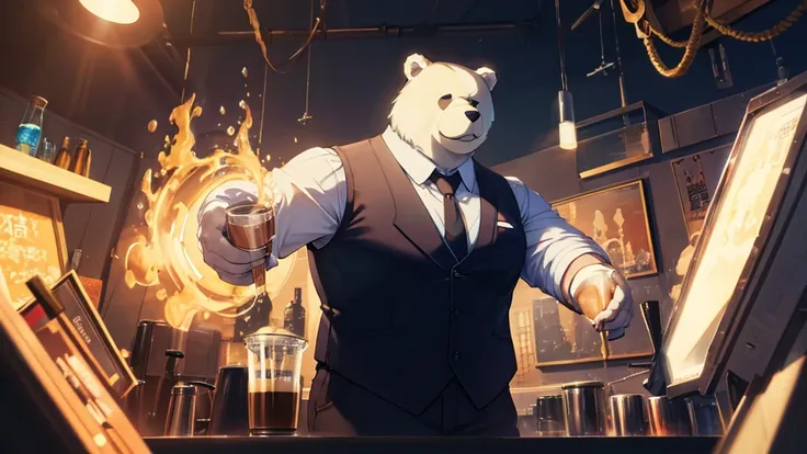 Cartoon Bear、Anthropomorphic Bear、Big body、Black vest、shirt、tie、Pouring coffee, Surrealism, UHD, accurate, anatomically correct, super detail, best quality, highres, 8k