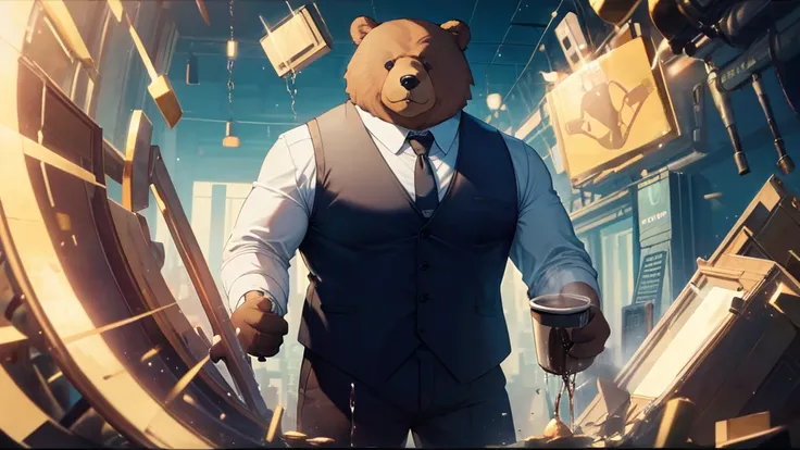 cartoon bear、anthropomorphic bear、big body、black vest、shirt、tie、pouring coffee, surrealism, uhd, accurate, anatomically correct,...