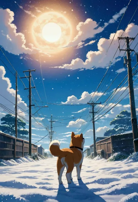 Makoto Shinkai Taste, Beautiful sky, winter,Falling snow, Shiba Inu Puppy, Wide angle、
