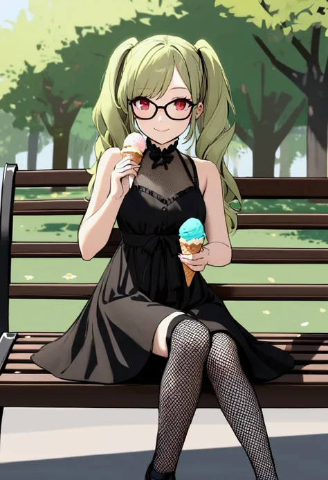 1girl, lime long hair, two pigtails, red eyes, glasses, black gotchic dress, mesh stockings, short, medium breasts, in park, sir on bench, smile, hold ice cream