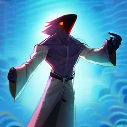 It is a ghost which has a pure black face and with glowing red eyes and he is wearing a purple suit, the background is blue.