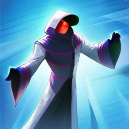 It is a ghost which has a pure black face and with glowing red eyes and he is wearing a purple suit, the background is blue.