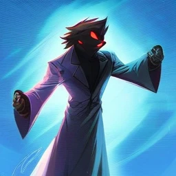 It is a ghost which has a pure black face and with glowing red eyes and he is wearing a purple suit, the background is blue.