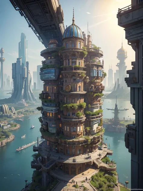 big city, flying in the sky, with many different buildings, solarpunk village, SolarPunk Architecture, sunny punk city, futuristic utopia in solar punk, inspired by Stéphane Martiniere, inspired by Stéphane Martiniere, красочный научно-фантастический steam...