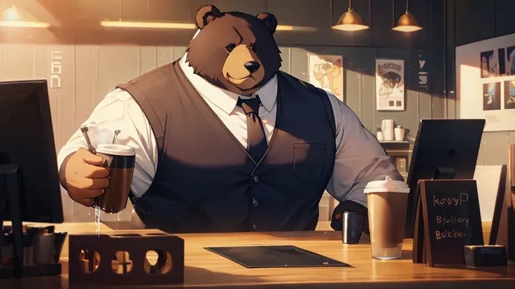 cartoon bear、anthropomorphic bear、big body、black vest、shirt、tie、pouring coffee, coffee shop, surrealism, uhd, accurate, super de...