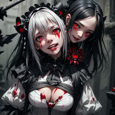 (Highest quality,4K,High resolution,masterpiece:1.2),Very detailed,Realistic:1.37,Spooky altar background,Dark fantasy,Red color scheme,Ominous atmosphere,Eye-catching,Storytelling,anatomy,Anime Style,Concept Art,beautiful細部までこだわった顔と (((Red eyes ))),Terrif...