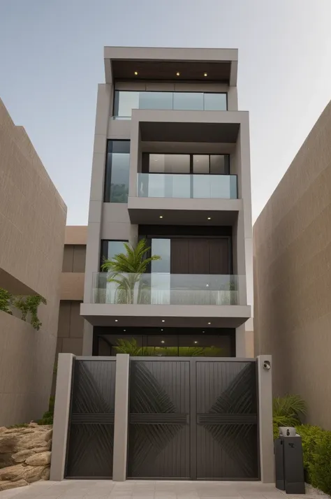 modern villa on street, (daylight), tropical tree, green shrub and plants, vivid color, streetcapes, minimalist design, brigth grey tone, (large glass door:1.2), warm interior lighting, modern material, best quality, ultra realistic, masterpiece, 
