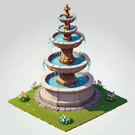 Isometric Model,a gorgeous noble fountain,Flowers，grassland，white background,Game architecture design,Cartoon,casual game style, Game assets,Isometric,2d,Game Art