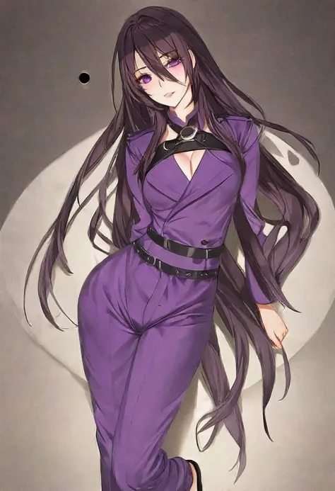 Athena，Purple one-way slightly messy long hair，Purple Eyes，Purple jumpsuit，But the jumpsuit is sexy，Wearing a sexy purple trench coat，Yandere，Female Love，barefoot，A black hole in the universe，Purple and black black hole，Draw a good look，Normal body proport...