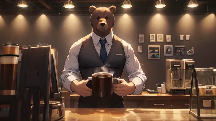 cartoon bear、anthropomorphic bear、big body、black vest、shirt、tie、pouring coffee, coffee shop, surrealism, uhd, accurate, super de...