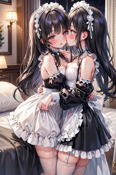 masterpiece, best quality, nsfw,
 2girl, kiss, 
 maid clothes, white panties, white garter belt, black hair, embarrassed face, 
...