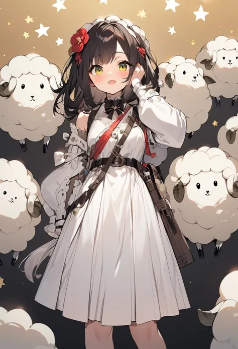 girl，sheep&#39;Horn, Rich colors, Long white hair, red眼睛 ，eyeliner, Black transparent clothes, red, open air, Rose, night, Remains, butterfly，my same as the original, my, , (:1.2) rest, (Black long skirt), (View from below), (Place your arms behind your ba...