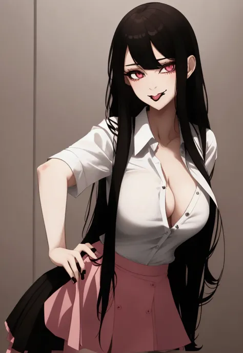 long straight non, messy black hair, neon pink skirt, white loose unbuttoned button up blouse, slender frame, brown eyes, smirk , large thick breasts, horny look in eyes, taking selfie, tongue sticking out, shirt stretching, fingering herself, show pussy, ...