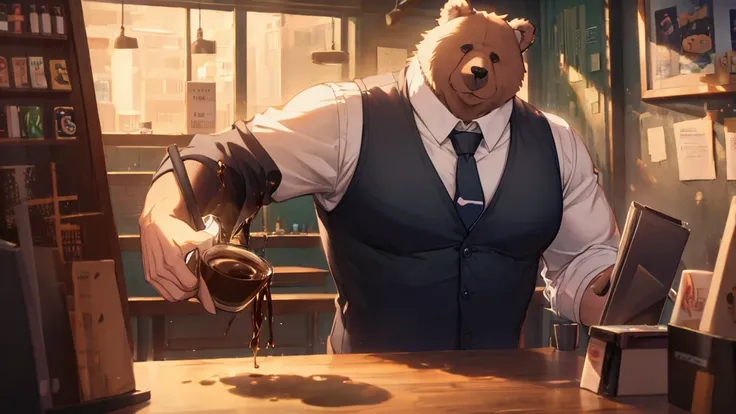 Cartoon Bear、Anthropomorphic Bear、Big body、Black vest、shirt、tie、Pouring coffee, Coffee shop, Surrealism, UHD, accurate, super detail, best quality, highres, 8k