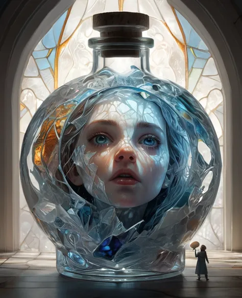 detailed girl face, Close up of a stunning crystal clear stained glass bottle with small frozen woman figurine, intricate and hyperdetailed photorealistic digital painting by Wadim Kashin and Alberto Seveso and Marc Simonetti and Jeremy Geddes and Gedimina...