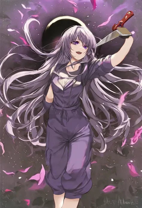 Athena，Purple one-way slightly messy long hair，Purple Eyes，Purple jumpsuit，But the jumpsuit is sexy，Holding a knife in his hand，Yandere，Female Love，barefoot，A black hole in the universe，Purple and black black hole，Draw a good look，Normal body proportions