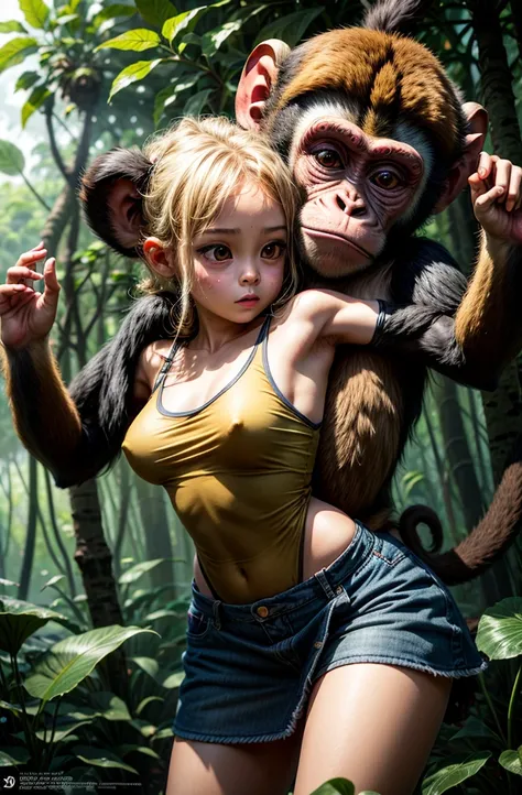 A (((tween holding a monkey and a monkey in her arms,))) Nami from one piece. Wearing micro skirt. ((And her get hugs with Lewd monkey groping her in jungle)).(realistic arts), intricate, (monkey craves her carnally), nipslip, puffy nip