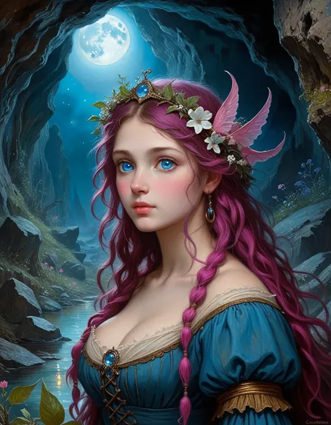 famous artwork inspired by (john constable:1.3) and (allen williams:1.1), detailed expressive eyes, fantasy style, deep within the underground caves of the first moon of planet "flurmwood secundus", the bioluminescent "blue-eyed frostlorm" may be found whi...