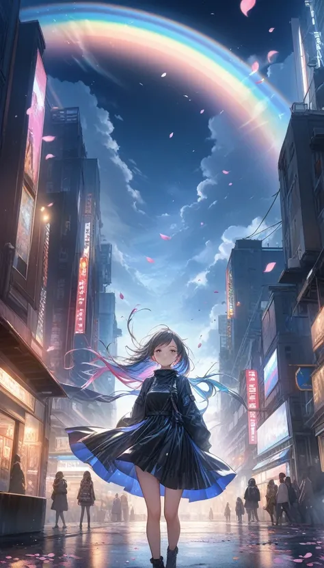 Up-and-coming works of art, Highest quality, Super Fine, 16K, Incredibly absurd, Very detailed, A beautiful, fragile girl stands in the city, Wind, Wind-effect, moonlit nightscape, (Nice views:1.2), Diesel Metal, Falling rainbow petals