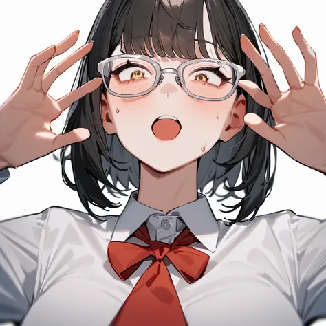 masterpiece, highest quality, so beautiful, absurd,
one girl, alone, black hair, bobcut,
thermont 16a, glasses, 
collared shirt、...