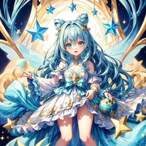 1girginal and unique cute hairstyle、Star Fairy、Star incarnation、Character design front view、A picture facing the viewer、(((Super detailed、Highest quality、Masterpiece)))、Original cute hairstyle、Milky white and blue hair color、Simple Green Background、vtuber-...