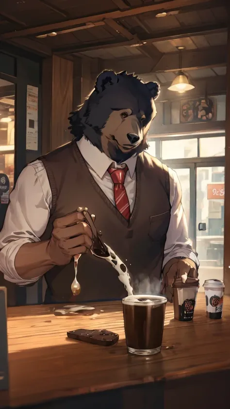 Cartoon Bear、Anthropomorphic Bear、Big body、Black vest、shirt、tie、Pouring coffee, Coffee shop, Surrealism, UHD, accurate, super detail, best quality, highres, 8k