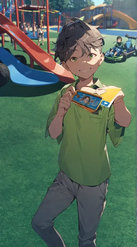 An 8-year-old boy wearing a green top and gray pants with a phone watch is holding a go-kart ticket in his hand on the grass of the playground. The background is the sunny green land of the playground.