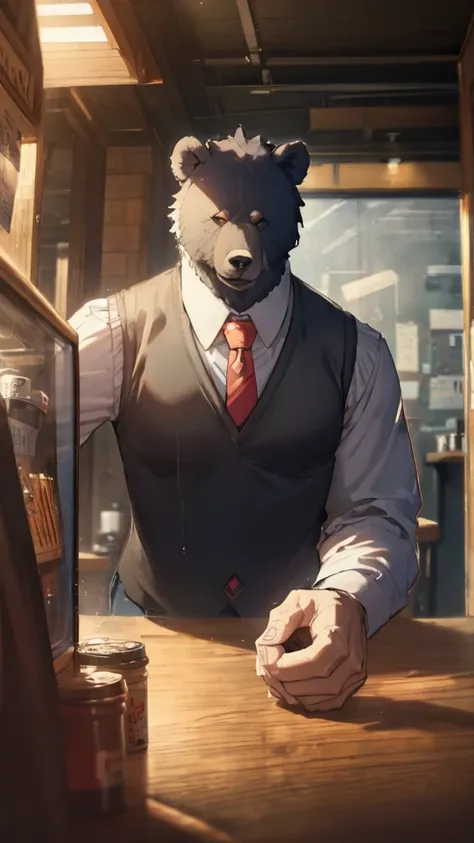 Cartoon Bear、Anthropomorphic Bear、Big body、Black vest、shirt、tie、Pouring coffee, Coffee shop, Surrealism, UHD, accurate, super detail, best quality, highres, 8k