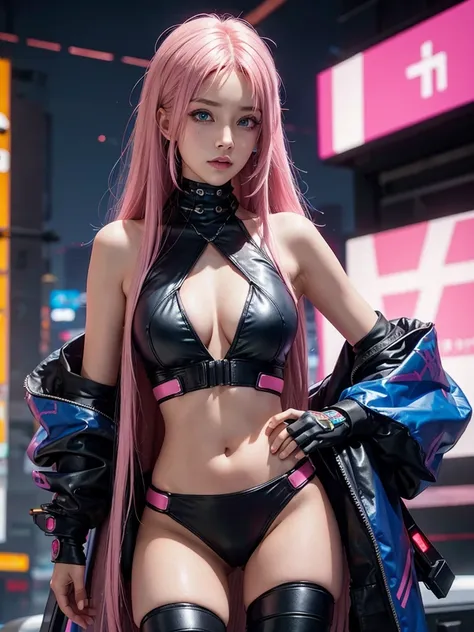 (cyberpunk) medium breasts, pink hair, straight hair, woman, tanned skin, blue eyes. 
