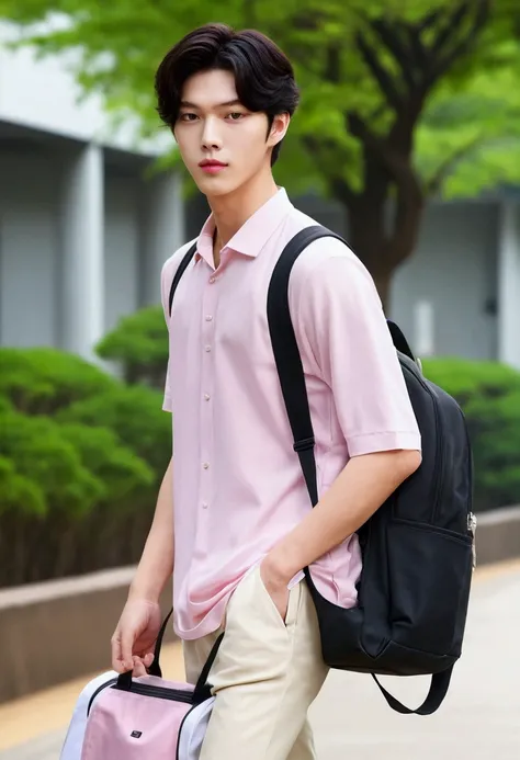 ((best quality)), ((masterpiece)), (detailed) hot and handsome but tall asian Boy with milky white skin tone, light brown but black hair, light pink lips full body pic going school in kpop school dress carrying bag in back