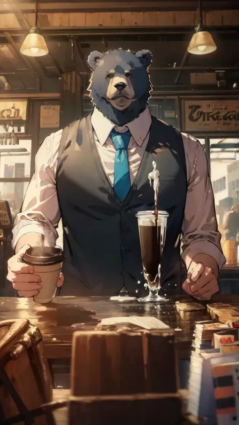 cartoon bear、anthropomorphic bear、big body、black vest、shirt、tie、pouring coffee, coffee shop, surrealism, uhd, accurate, super de...