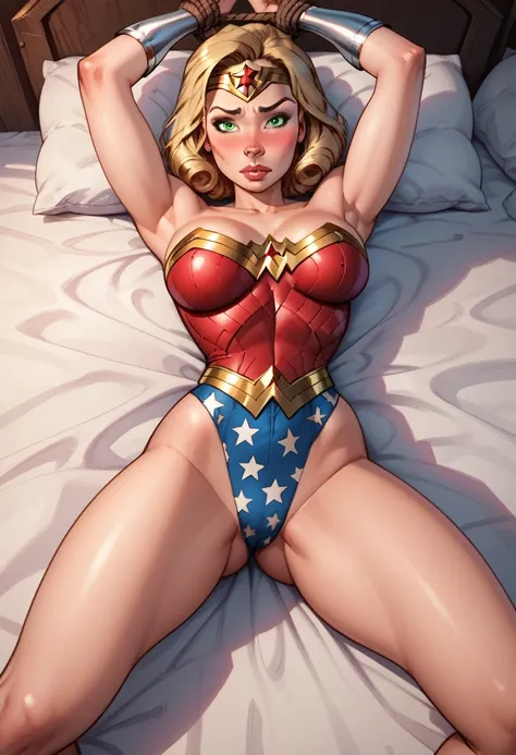 score_9, score_8_up, score_7_up,score_6_up, score_5_up, score_4_up, detailed soft lighting, 1girl, solo, large breasts, AchaseDG, hort hair, blonde hair, green eyes, wonder woman suit, bdsm, (kinbaku:1.5), bound with rope, lying on bed, legs spread, lookin...