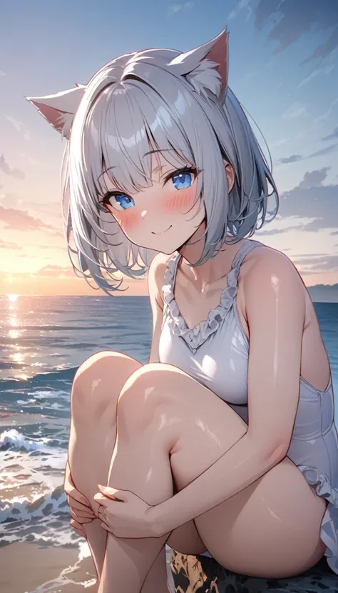 (((best quality)), ((masterpiece)), (details), masterpiece, best quality, high quality, ulutra detailed, perfect face, ((1girl, blue eyes, cat ears: 1.3 silver bob hair: 2.5,)) 、Shiny Hair、Glowing Skin、blush、Lustful look、Side Angle、Ocean岸、Ocean、evening、Sit...