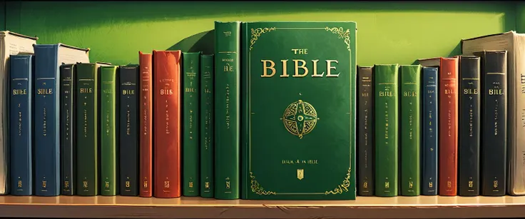 
close-up of the books spine with title "Bible" on a shelf in a green office,
 graphic style of novel comics, 
2d, 8k, iMax, hyperrealism, masterpiece, high resolution, best quality, ultra-detailed, super realistic, Hyperrealistic art, high-quality, ultra ...