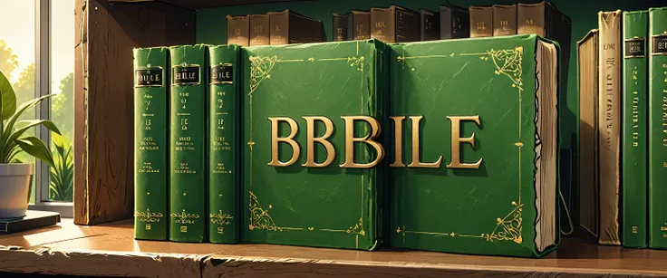 
close-up of the books spine with title "Bible" on a shelf in a green office,
 graphic style of novel comics, 
2d, 8k, iMax, hyperrealism, masterpiece, high resolution, best quality, ultra-detailed, super realistic, Hyperrealistic art, high-quality, ultra ...