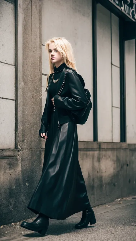 Alternative faceless long blonde hair boy walking in black punk boots and a long skirt in a vintage style, a black backpack 