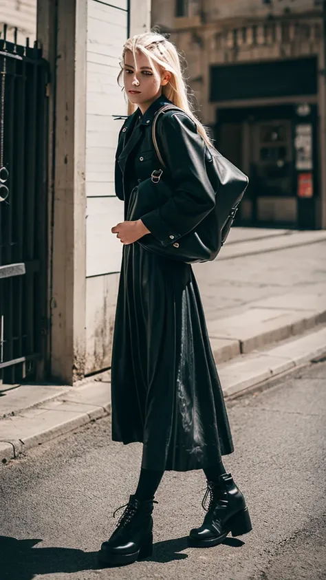 Alternative faceless long blonde hair boy walking in black punk boots and a long skirt in a vintage style, a black backpack 