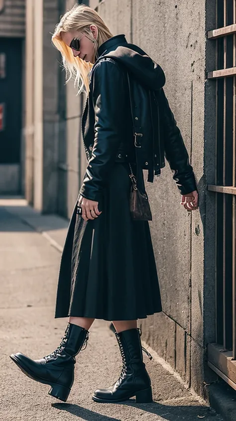 Alternative faceless musculed and tall long blonde hair boy walking in black punk boots and a long skirt in a vintage style, a black backpack 