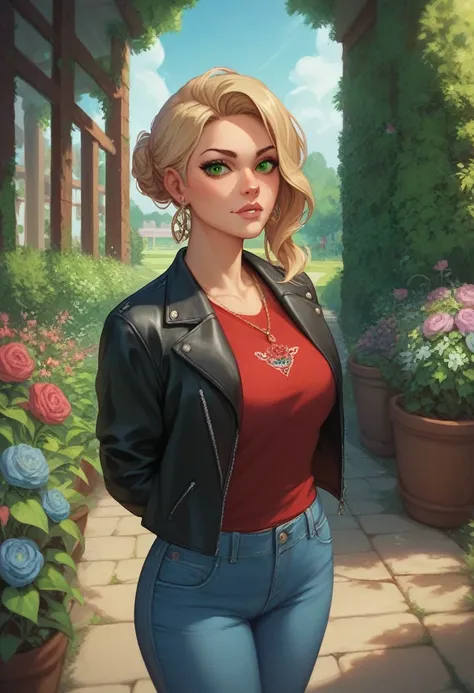 Masterpiece , highly detailed , best quality , perfect face , green eyes , fubuki , wearing black leather jacket over red printed t-shirt and blue jeans , in garden , arms bound behind back with rope , looking at camera , standing still 