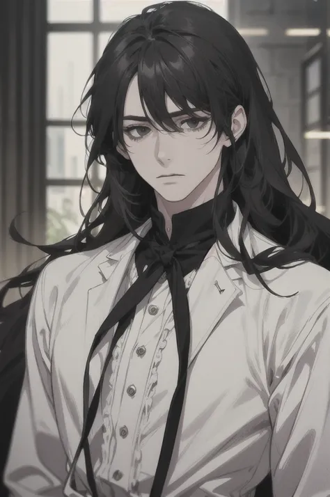 midjourney, ((best quality)), ((masterpiece)), (detailed), perfect face, male wearing black coat black vest and white shirt. broad jawline. mature. ((black hair, long hair)), ((black eyes)), depth of field, pale white skin, white dress, dark circles under ...