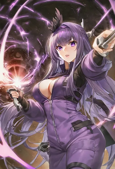 Athena，Purple one-way slightly messy long hair，Purple Eyes，Purple jumpsuit，But the jumpsuit is sexy，Its sick，A black hole in the universe，Purple and black black hole，Holding a knife in hand, ready to attack the target