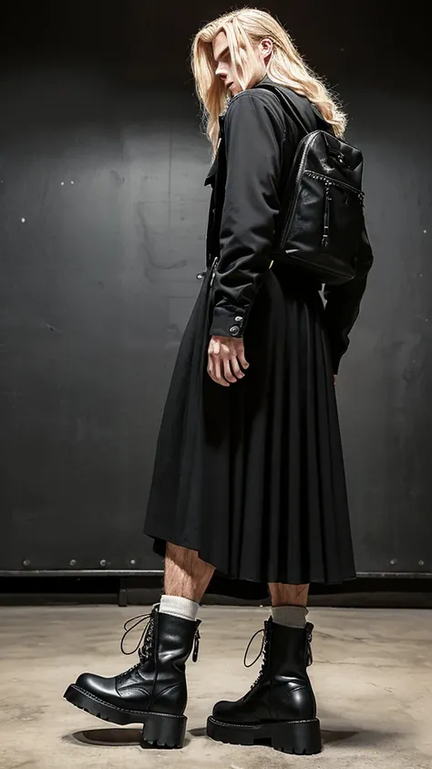 Alternative faceless musculed and tall long blonde hair boy walking in black punk plataform boots and a long skirt in a vintage style, a black backpack, musculed legs and solid background