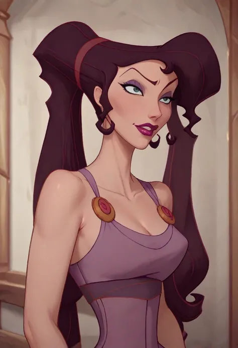 ((masterpiece, best quality)), Disney reference, (Megara), Megara grins, lipstick, upper body: bare shoulders, skinny 