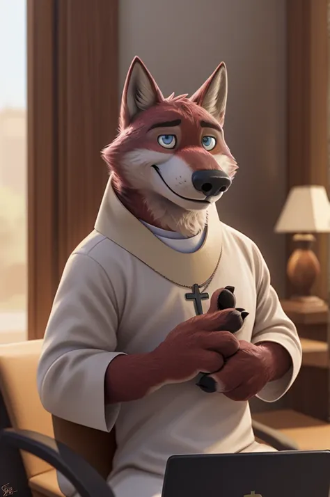 Joachim Wolfbach (Zootopia),tall handsome, wolf,young, 24 years, brown fur,(red body:1.3),Blue eyes, Moscow Dressed,Catholic priest of the Roman Catholic Church, canine, wolf, detailed fur, Male, antro, paw pads, finger claws,holding a laptop, at viewer, 5...