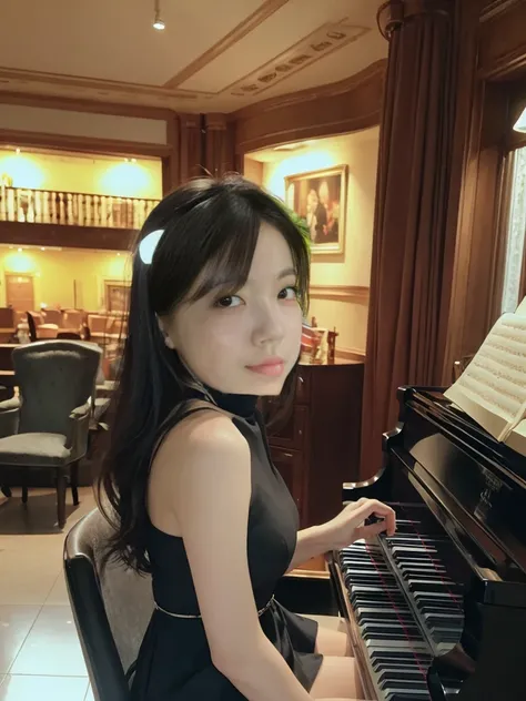 (((Perfect Anatomy))),In the big Opera House、A piano recital held in a dark and solemn atmosphere, A place where packed audiences are enthralled.,Ultra-Realistic 8K,美しい二十歳のpianist,(In the dim darkness、A single beam of light illuminates the performer:1.2),(...