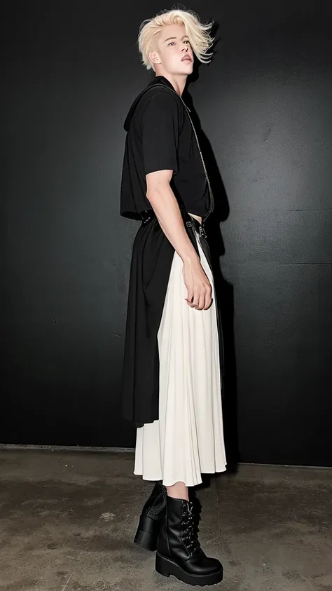 Alternative faceless musculed and tall long sliver blonde hair boy walking in black punk plataform boots and a long skirt in a vintage style, a black backpack, musculed legs and solid background 