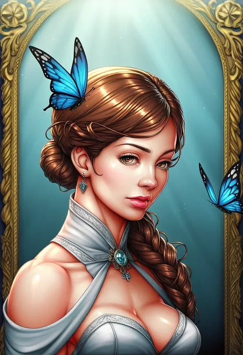 8k portrait of beautiful cyborg with brown hair, intricate, elegant, highly detailed, majestic, digital photography, art by artgerm and ruan jia and greg rutkowski surreal painting gold butterfly filigree, broken glass, (masterpiece, sidelighting, finely d...