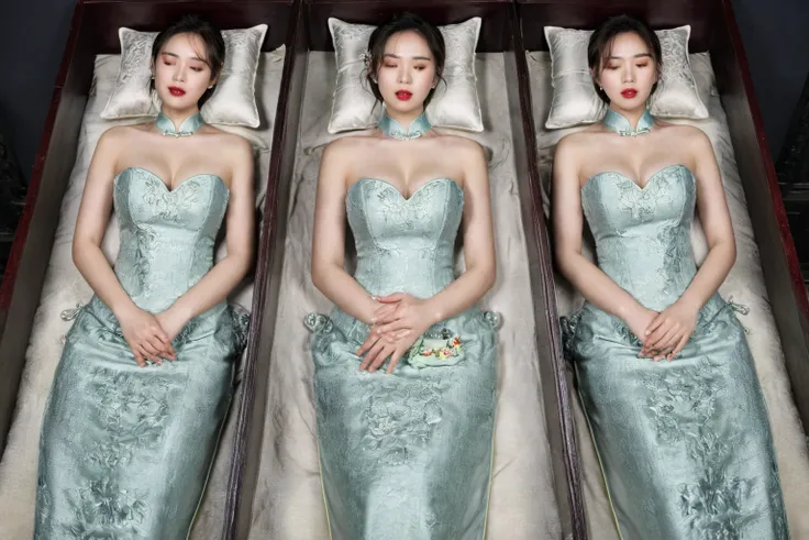 In a striking 8K HDR scene, a stunning Korean woman, 22 years old, lies peacefully in a black coffin surrounded by plush pillows. The deep box is set against a rich black background, accentuating the beauty of the subject. Her exquisite neckline cheongsam ...