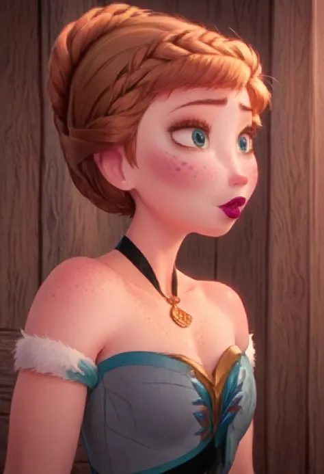 ((masterpiece, best quality)), disney reference, (anna), anna grins, lipstick, freckles on face, upper body: bare shoulders, ski...